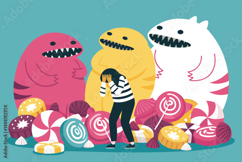 A whimsical illustration depicting a monstrous candy creature embodying sugar addiction, showcasing vibrant, sugary elements and distressed human-like features.