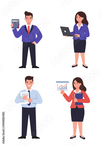 Simple flat design of four accountant characters standing on a white background, colorful, clean, professional, organized.
