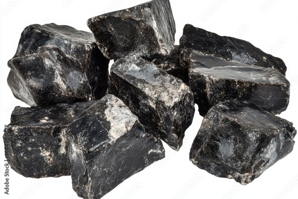 Naklejka premium A collection of dark mineral rocks displayed on a clean surface, showcasing natural textures