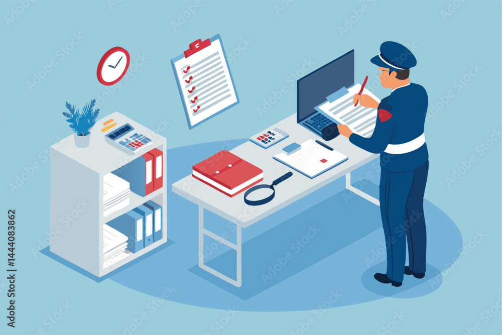 Isometric illustration of a tax auditor reviewing documents in a modern office, showcasing files, computer, and a stressed client. Isometric illustration of a tax auditor reviewing documents in a modern office, showcasing files, computer, and a stressed client.
