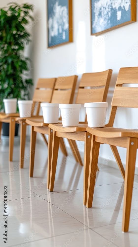 Light-colored wooden chairs with white planters Light-colored wooden chairs with white planters