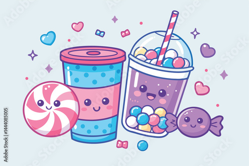 Create a kawaii illustration of a character overwhelmed by a mountain of candy and soda cans, featuring Pop Rocks; vibrant, sugary, and slightly chaotic.