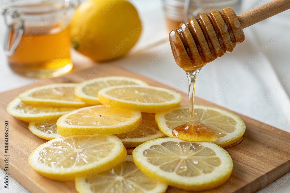 Honey pouring over sliced lemons with warm lighting for culinary enjoyment - generated by ai Honey pouring over sliced lemons with warm lighting for culinary enjoyment - generated by ai