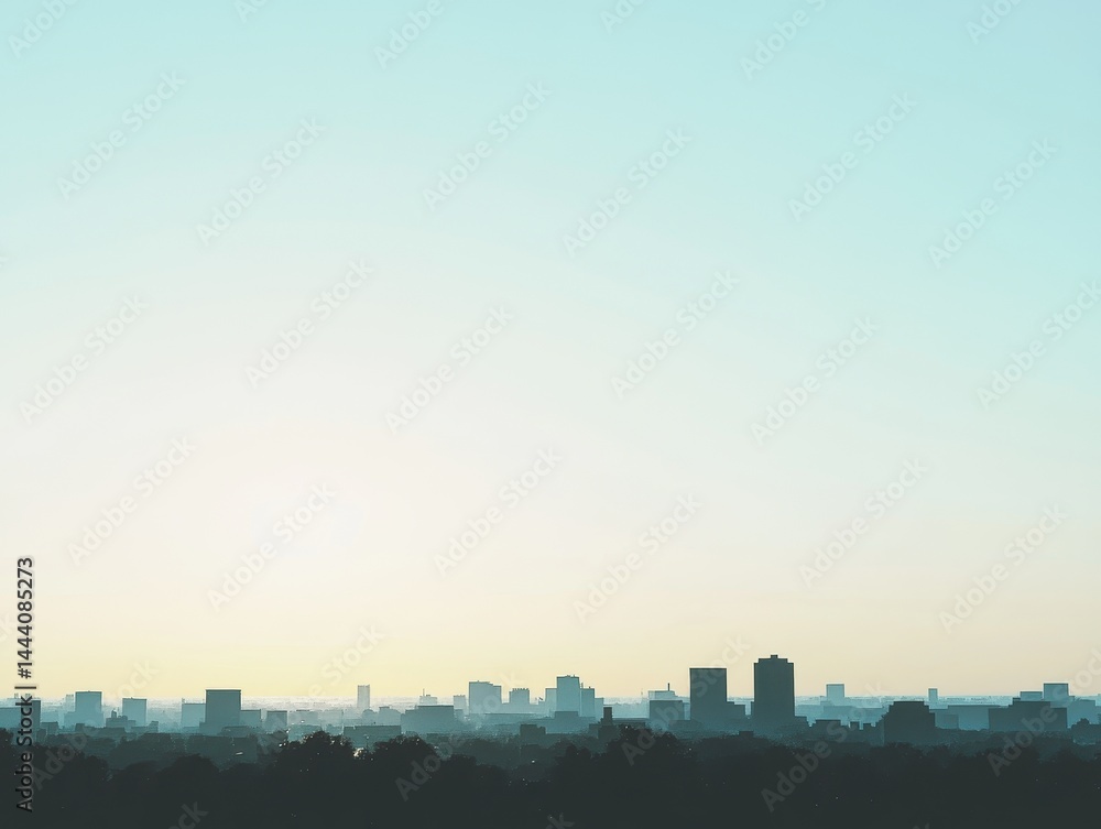 Naklejka premium Pale cityscape skyline at dawn, seen from a distance.
