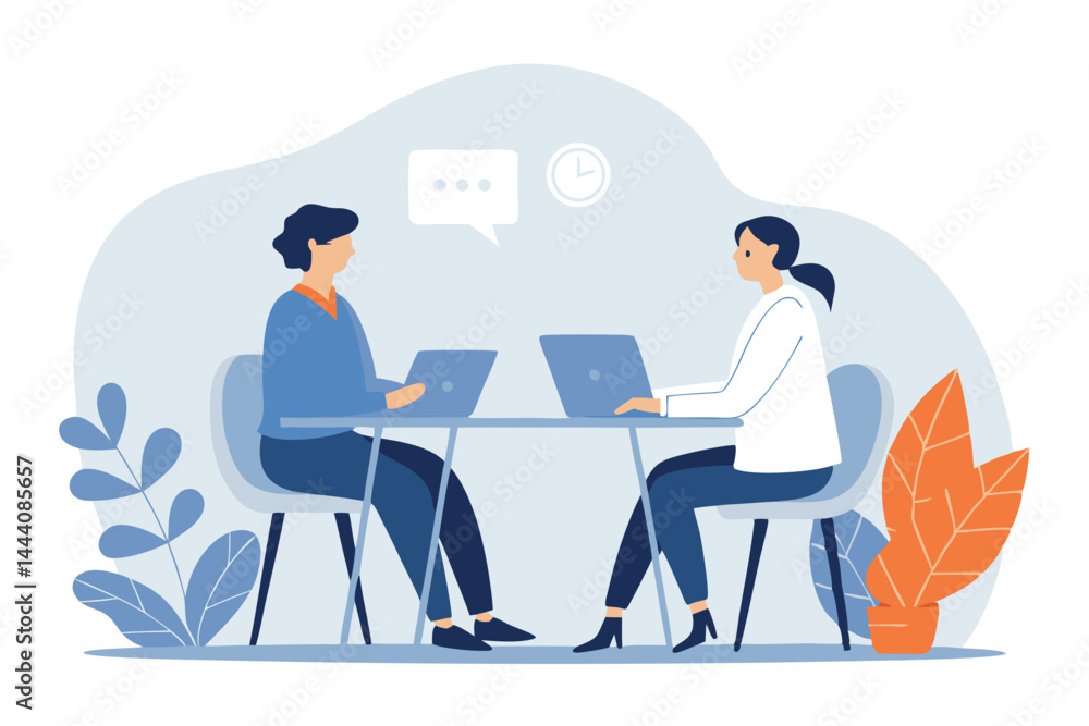 A serious job interview scene two individuals, one interviewer and one applicant, sit opposite each other across a desk in a professional office setting. Focus on body language and expressions. A serious job interview scene two individuals, one interviewer and one applicant, sit opposite each other across a desk in a professional office setting. Focus on body language and expressions.