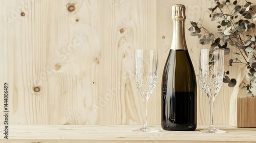A Champagne bottle paired with a pair of sparkling crystal glasses, set on a light wooden surface with minimalistic decor.