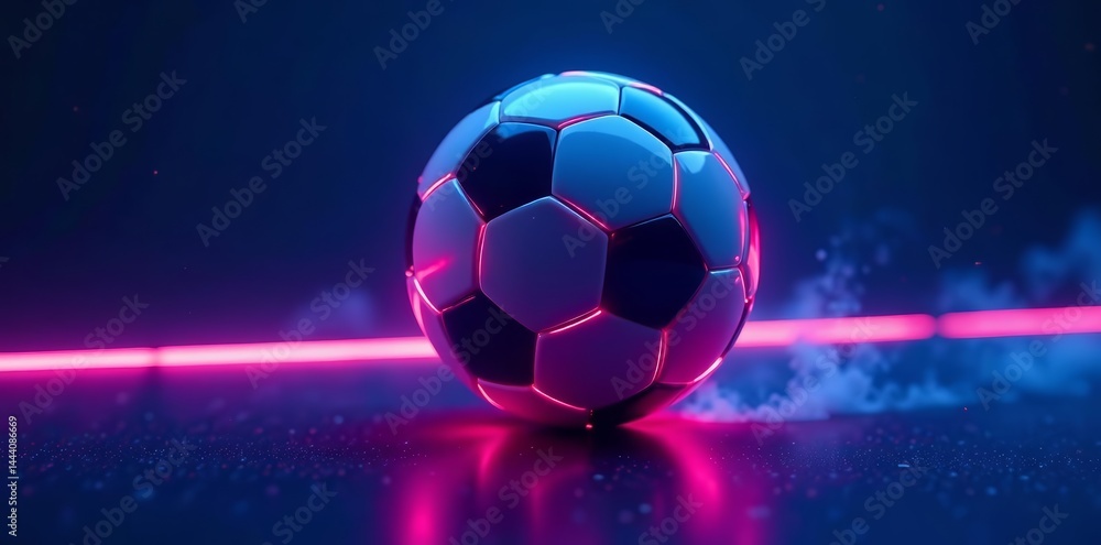 Fototapeta premium Neon colored soccer ball with glowing lines on blue background, ball, competition, vibrant