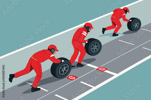 Two synchronized mechanics expertly change a tire, showcasing teamwork and efficiency in a fast-paced auto repair setting.  Bold action shot.