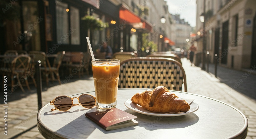 Fototapeta premium European café breakfast: Croissant, iced coffee, passport and sunglasses on a sunny day.