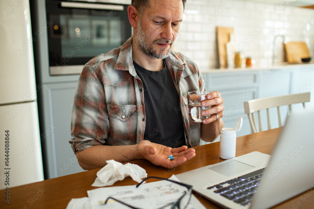 Middle aged man taking medicine with water while working on laptop at home