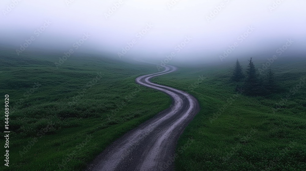 Winding path through misty mountain meadow Winding path through misty mountain meadow