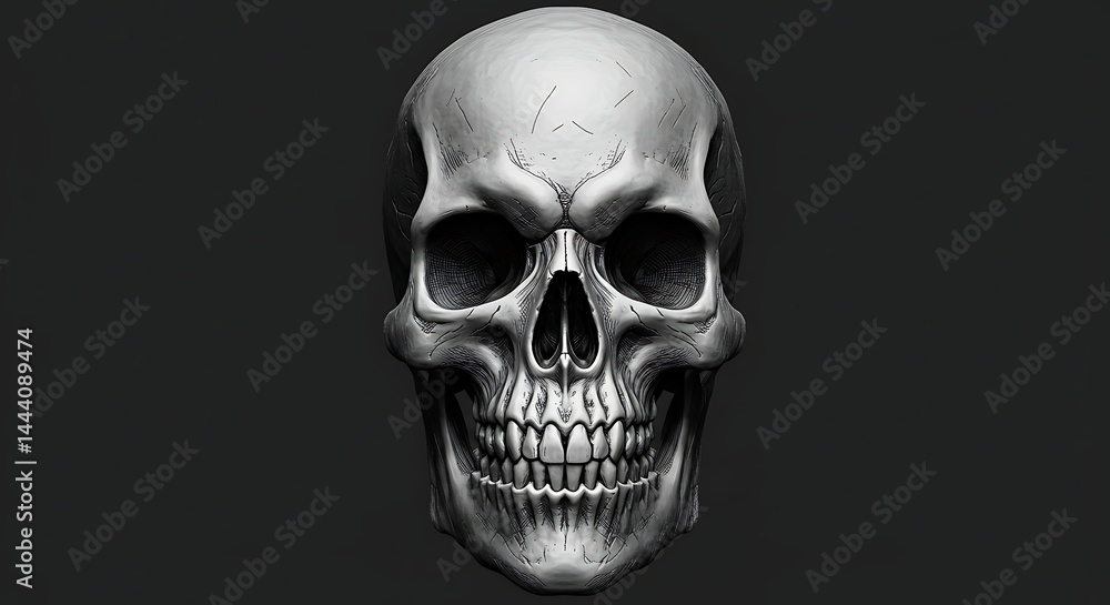 Intricate Monochrome Skull Depiction Against Somber Background Composition Intricate Monochrome Skull Depiction Against Somber Background Composition