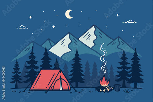 Create a minimalist vector pattern depicting a nighttime mountain campsite.  Include a tent, campfire, and stars.  Simple, geometric shapes preferred.
