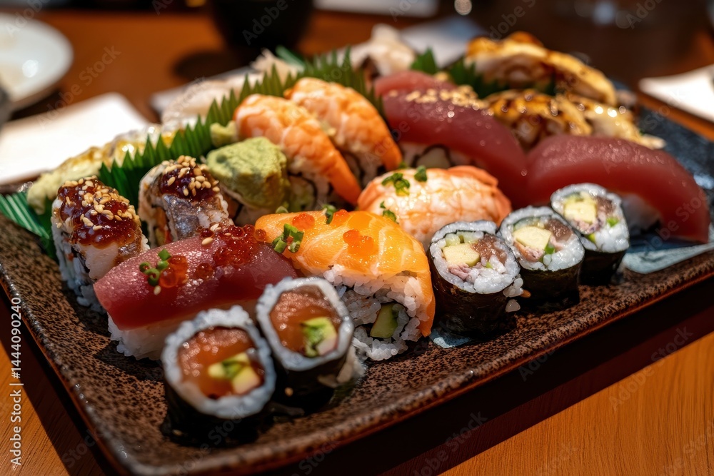Assorted sushi platter featuring fresh seafood and vibrant colors on a wooden table Assorted sushi platter featuring fresh seafood and vibrant colors on a wooden table