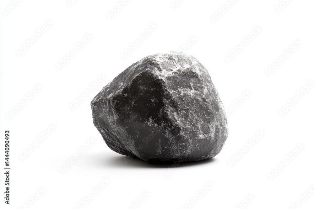Black rock with a rough texture positioned on a white background, highlighting its natural form Black rock with a rough texture positioned on a white background, highlighting its natural form