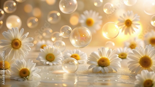 Serene chamomile blossoms bathed in soft sunlight, adorned with ethereal floating bubbles, creating a dreamy, peaceful ambiance