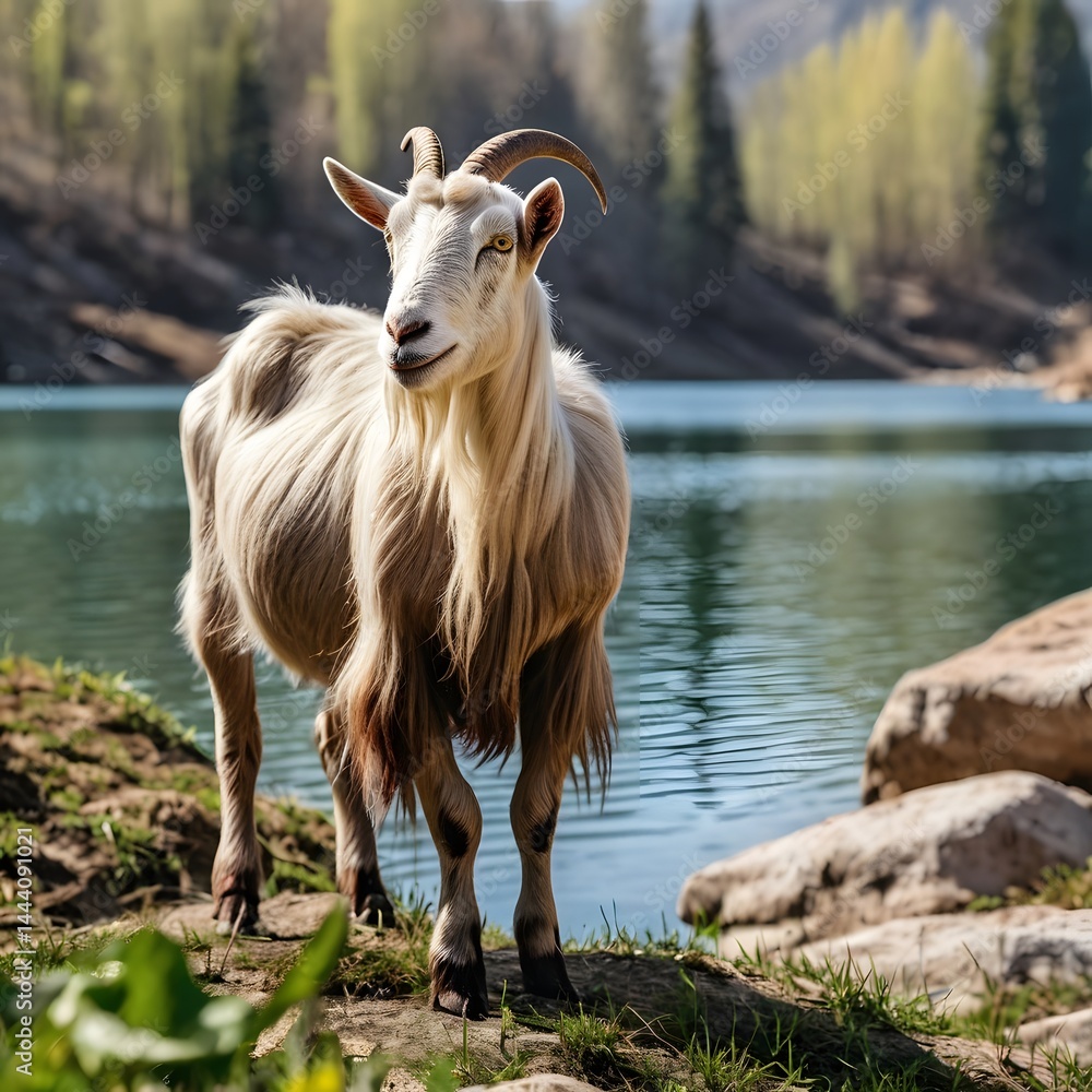 Fototapeta premium Potrait of old Goat standing in front of beautiful lake AI Generated Image