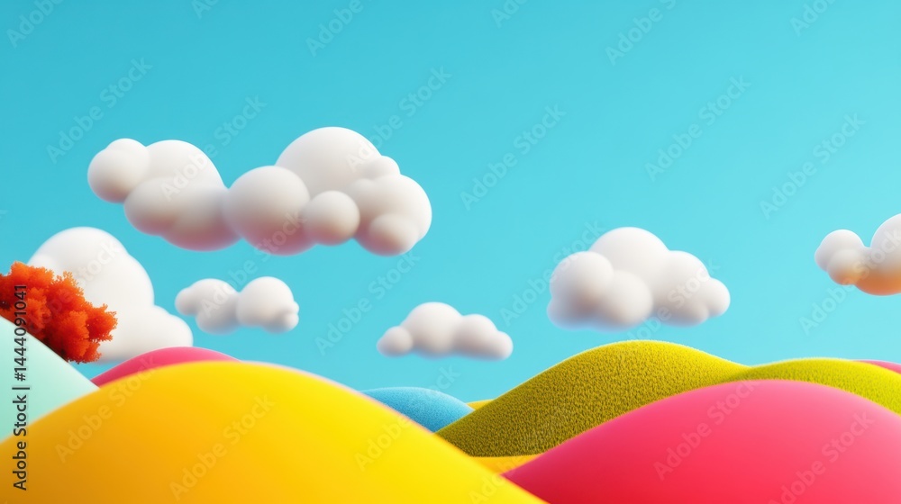 illustration of Summer fields landscape with a dawn,Rainbow, green grass hills, bright color blue sky, country background,banner resting vacation.