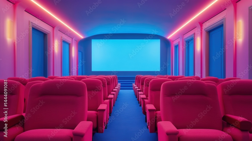 People in the cinema auditorium with Cinema blank wide screen and red chairs in the cinema hall,People silhouettes watching movie performance,empty white screen,space for text,copy space. People in the cinema auditorium with Cinema blank wide screen and red chairs in the cinema hall,People silhouettes watching movie performance,empty white screen,space for text,copy space.