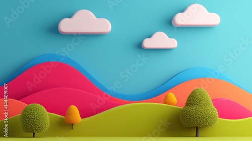 Obraz na płótnie illustration of Summer fields landscape with a dawn,Rainbow, green grass hills, bright color blue sky, country background,banner resting vacation. w salonie