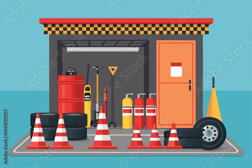 Create a sleek, modern vector illustration of a Formula 1 pit stop scene, showcasing meticulously arranged car tools and equipment within the pit box.  Focus on clean lines and vibrant colors.