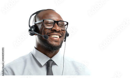 Smiling customer service representative with headset and glasses support job isolated on transparent background