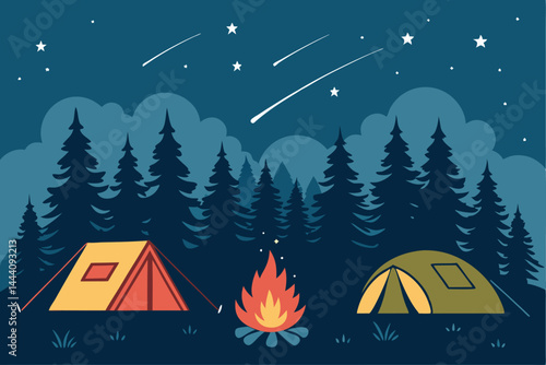 Create a whimsical illustration of a nighttime camping scene featuring multiple tents, a crackling bonfire, and starry sky.  Include cozy details.