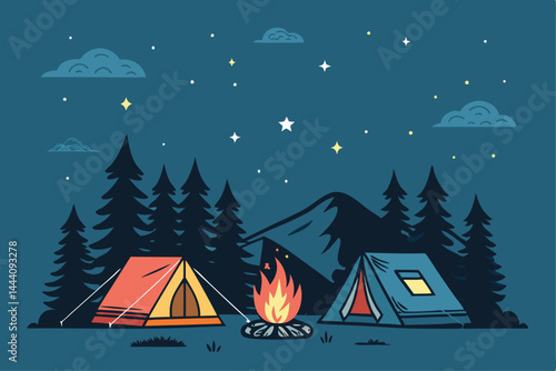 Create a whimsical illustration of a nighttime camping scene featuring cozy tents surrounding a crackling bonfire under a starry sky.