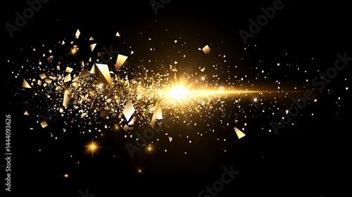 Elegant gold shards explosion on black backdrop for festive presentations