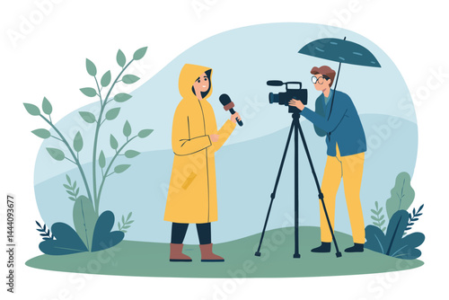 A journalist reporting live from a field, using professional equipment, showcasing a dynamic news report concept.  The image should emphasize urgency and immediacy.