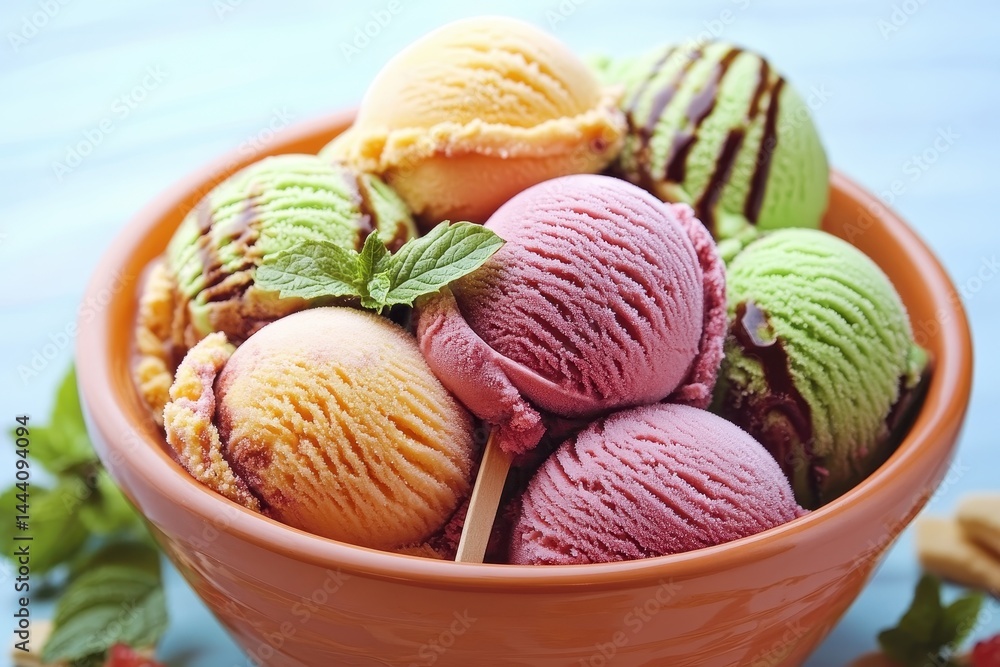 Colorful ice cream scoops in a bowl with mint garnish, set against a light blue background Colorful ice cream scoops in a bowl with mint garnish, set against a light blue background