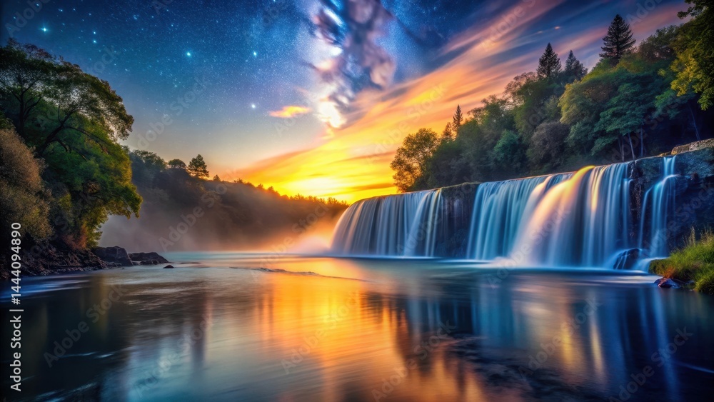 Fototapeta premium Serene Waterfall at Sunset with a Starry Night Sky Reflecting on Calm Water