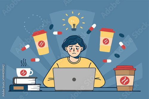 Exhausted person surrounded by intensely bright computer screens, late at night, working relentlessly.  Illustrate burnout and digital fatigue.