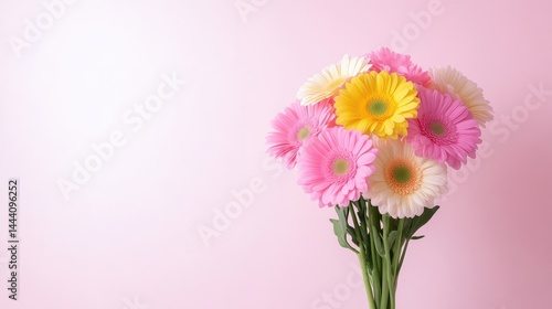 Gerbera Daisies Bouquet Soft Pastel Style High-resolution Photography Close-up View Delicate Petals Spring Bloom Pink Background Sweet Romantic Mood Greeting Card Design
