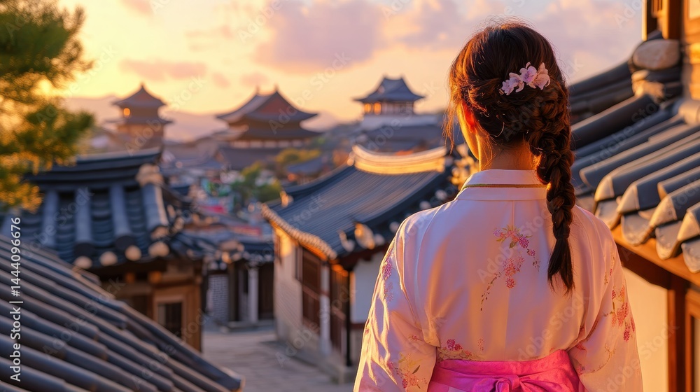 Back view of korean asian woman in traditional korean dress or hanbok dress walking in old palace in night with full moon, Seoul city, South Korea,copy space.