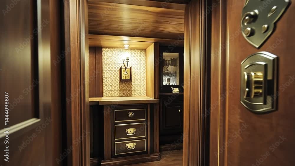 Interior Walkway Featuring Wood Paneling and Detailed Cabinetry Design Concept Interior Walkway Featuring Wood Paneling and Detailed Cabinetry Design Concept