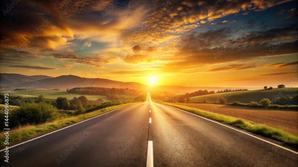 Naklejka premium Asphalt Road Leading to a Vibrant Sunset Over Rolling Hills and Lush Green Fields