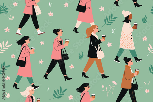 Stylish women, diverse group, holding coffee cups, seaside setting, repeating pattern, fashionable attire, ocean background.