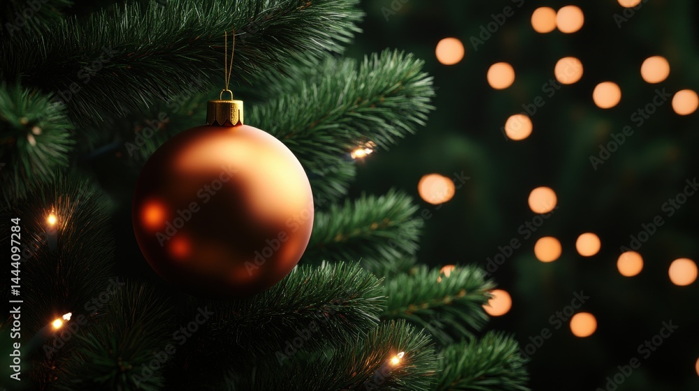 A captivating matte copper Christmas ornament dangles from a lush green Christmas tree, softly glowing with warm out-of-focus st lights behind it. A captivating matte copper Christmas ornament dangles from a lush green Christmas tree, softly glowing with warm out-of-focus st lights behind it.