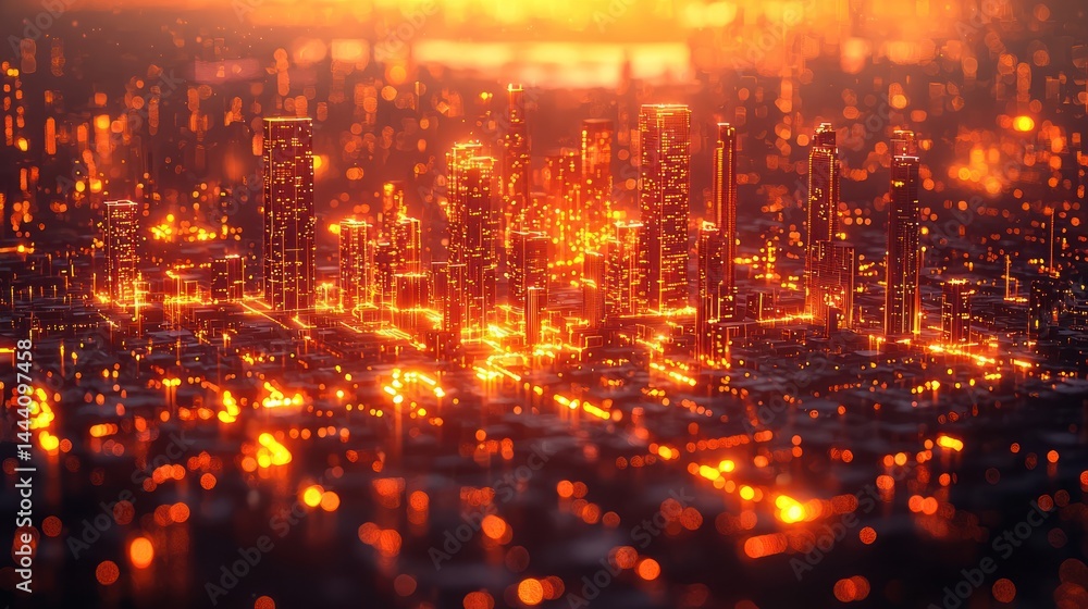 Fototapeta premium Fiery Metropolis: A futuristic city glowing with incandescent energy at night.