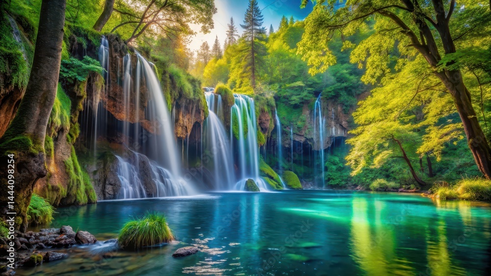 Fototapeta premium Serene Waterfall Cascading into a Tranquil Emerald Pool, Surrounded by Lush Greenery and Sunlight Filtering Through the Canopy