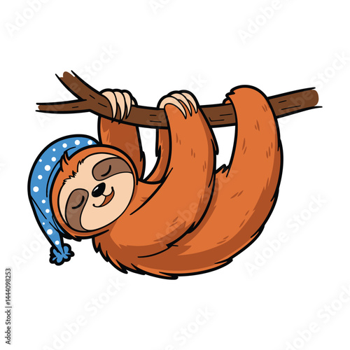 Cute Sloth Sleeping on Tree Branch Cartoon