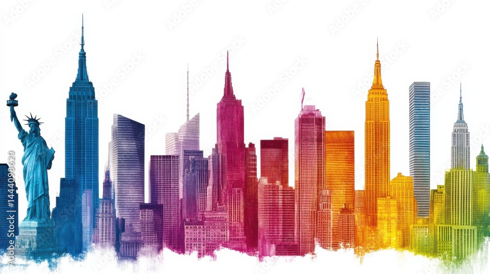 Fototapeta premium Colorful Skyline of New York City Featuring Iconic Landmarks and Modern Architecture