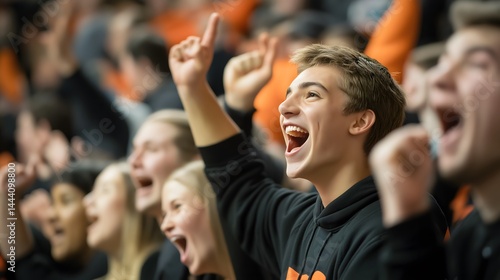 Close-up of a young male sports fan cheering passionately with raised finger in a crowded stadium, surrounded by energetic supporters wearing team colors