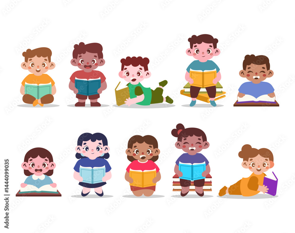 Kids reading a book flat character vector illustration set Kids reading a book flat character vector illustration set