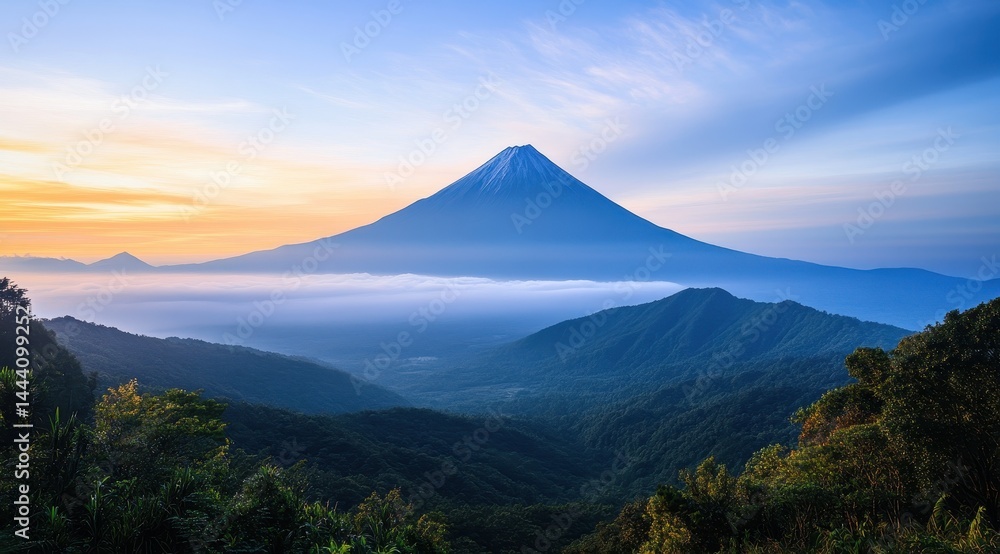 Majestic peak at dawn, tranquil mountain vista Lush green valleys encircle a prominent, snow-capped volcano, bathed in soft morning light Majestic peak at dawn, tranquil mountain vista Lush green valleys encircle a prominent, snow-capped volcano, bathed in soft morning light
