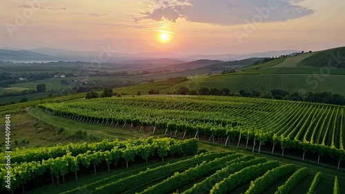 Wallpaper Mural Scenic Evening Breathtaking Sunset Over Lush Vineyard and Rolling Hills, Showcasing Green Grape Vines in Natures Tranquil Landscape of Rural Agriculture. Torontodigital.ca