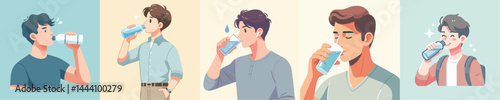 vector of a young man drinking water using a bottle