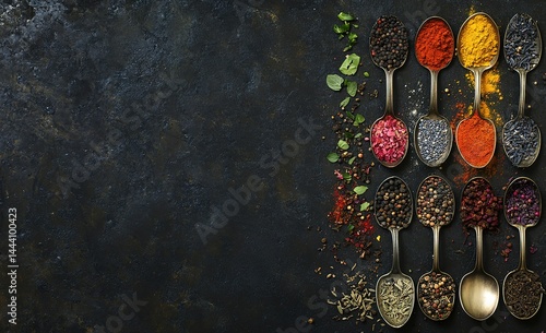 Fototapeta Naklejka Na Ścianę i Meble -  A photo of various spices and herbs in metal spoons arranged on the right side, creating an exotic background for cooking or kitchen design with copy space. The colors include reds, oranges, yellow