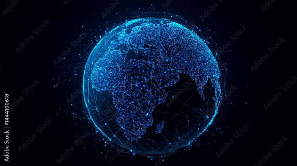 Abstract blue Earth with network dots and lines on dark background, global internet technology concept, high-resolution vector digital illustration for advertising and design
Abstract blue Earth with network dots and lines on dark background, global internet technology concept, high-resolution vector digital illustration for advertising and design